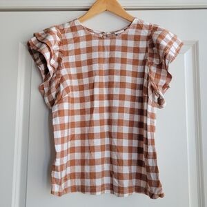 a new day Tan and White Gingham Ruffle Sleeve Top